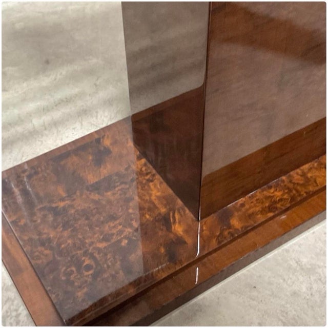 Wood Vintage Mid-Century Modern Sculptural Glass Console Table With a Burl Wood Veneer Pedestal & Chrome Base For Sale - Image 7 of 7