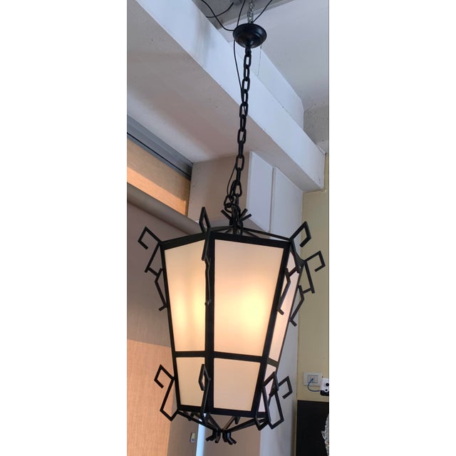 1930s Large Iron and Opaline Glass Lanterns, 1930s, Set of 2 For Sale - Image 5 of 6