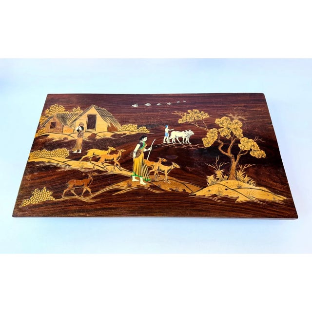 1950's Indian Rosewood & Bone Inlay Coffee Table Bench Removable Legs Serving Tray For Sale - Image 15 of 17