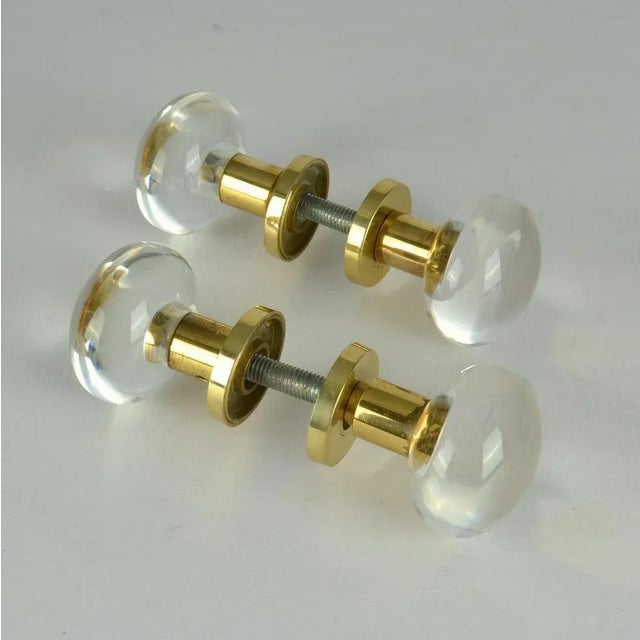 Brutalist Double Round Push and Pull Door Knobs in Acrylic and Brass, Set of 2 For Sale - Image 3 of 8