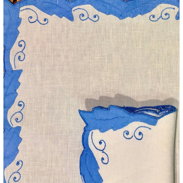 Vintage Cornflower Blue Embroidered French Linen Placemat and Dinner Napkin Set- 8 Pieces For Sale - Image 9 of 10
