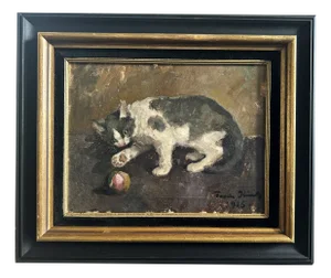 Frode Kierulf, Danish Impressionist Painting, Playing Cat, 1916, Oil on Canvas, Framed