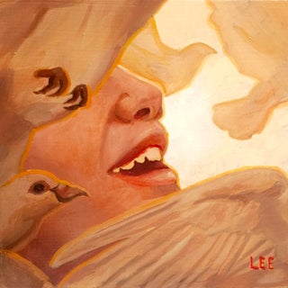Speak by Bernard Lee | Oil on ACM Painting of a person surrounded by doves For Sale
