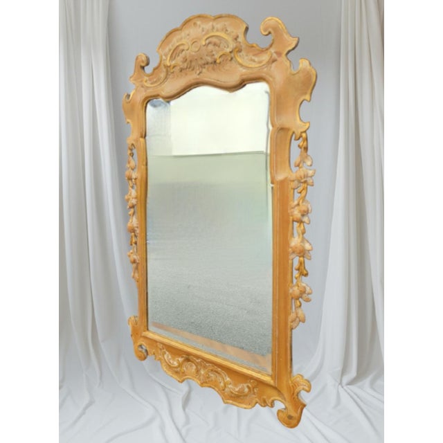 Wood Vintage Carved Wood Rococo Style Berry Leaf Regency Natural Wood Tone Wall Mirror For Sale - Image 7 of 8