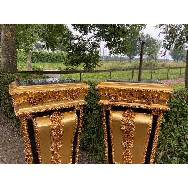 1990 French Louis XVI Gold Black Beech Wood Marble Pedestals Pair For Sale - Image 6 of 12