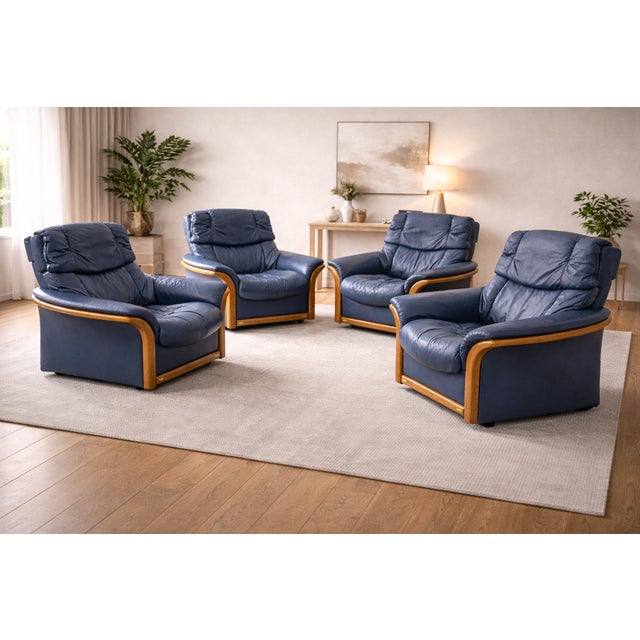 Adjustable Swivel Armchairs in Blue Leather and Beech from Ekornes Stressless, 1980s, Set of 4 For Sale - Image 6 of 7