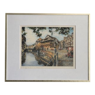 1960s Strasbourg Petite France “Maison Des Tanneurs” French Architectural Cityscape Lithograph on Watercolor Paper, Framed For Sale