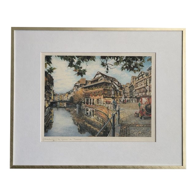1960s Strasbourg Petite France “Maison Des Tanneurs” French Architectural Cityscape Lithograph on Watercolor Paper, Framed For Sale