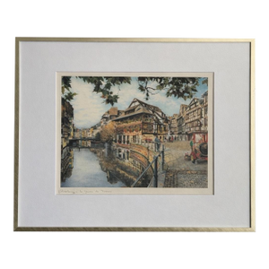 1960s Strasbourg Petite France “Maison Des Tanneurs” French Architectural Cityscape Lithograph on Watercolor Paper, Framed
