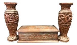 Antique Indian Silver Inlaid Wooden Casket Box and Two Wooden Vases Set - 3 Pieces