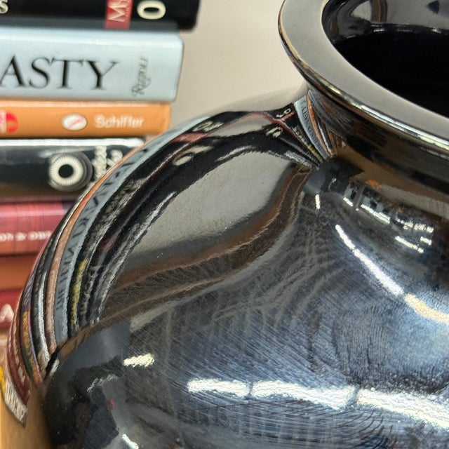 Rustic Deep Black Rounded Glazed Ceramic Vase For Sale - Image 3 of 7