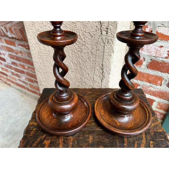 Wood Antique English Oak Open Barley Twist Candlesticks Jacobean Pair C1890 11.0” For Sale - Image 7 of 18