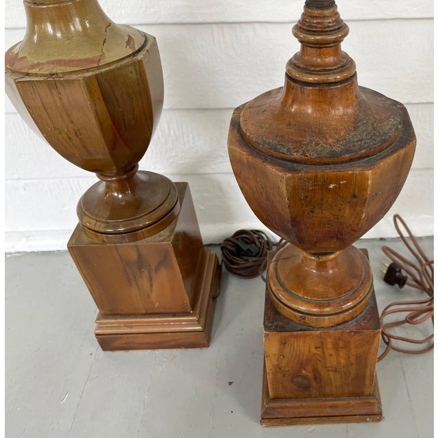 1930's English Carved Wood Urn Form Library Table Lamps - a Set of 2 For Sale - Image 10 of 13