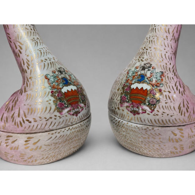 Late 20th Century Chinese Export-Style Famille Rose Armorial Porcelain Duck-Form Covered Tureens - a Pair For Sale In Providence - Image 6 of 11