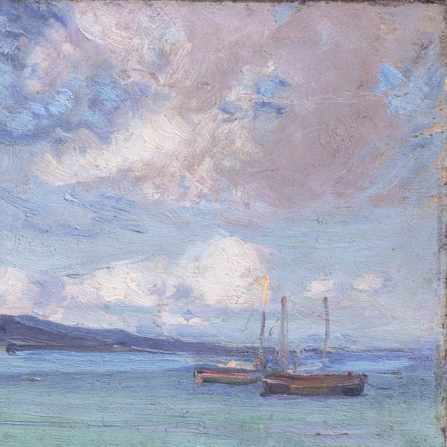 1940s 'Coastal Fishing', Mid-Century Modern Oil, Island Landscape, Cerulean Blue, Circa 1945 For Sale - Image 5 of 9