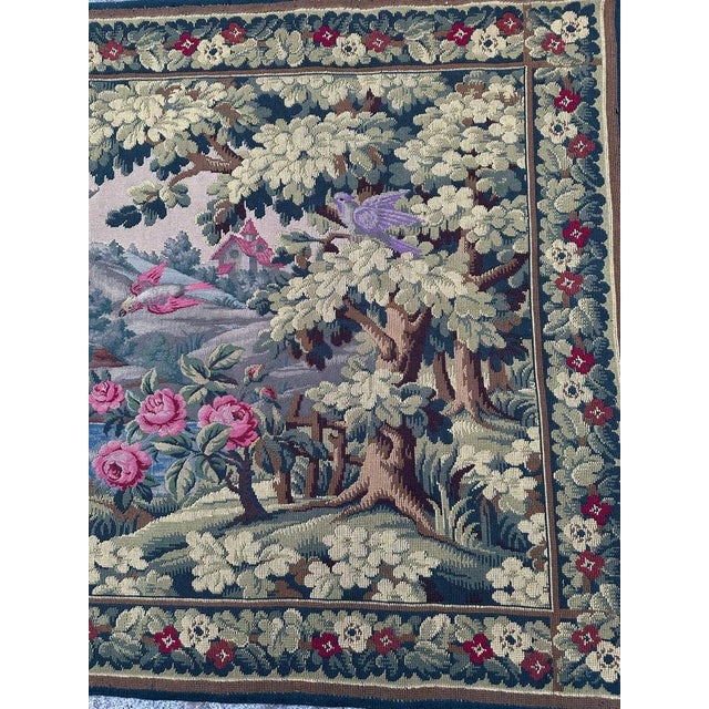 Very beautiful mid-century French tapestry with beautiful design of nature with birds and a palace, with beautiful colors,...
