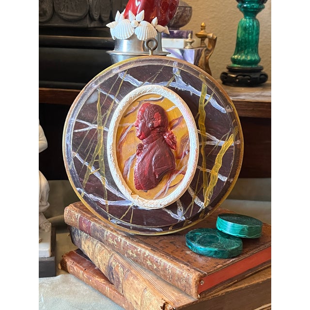 Wood Vintage Neoclassical Faux Marble Cameo Plaque With Painted Intaglio of Josiah Wedgwood I For Sale - Image 7 of 13
