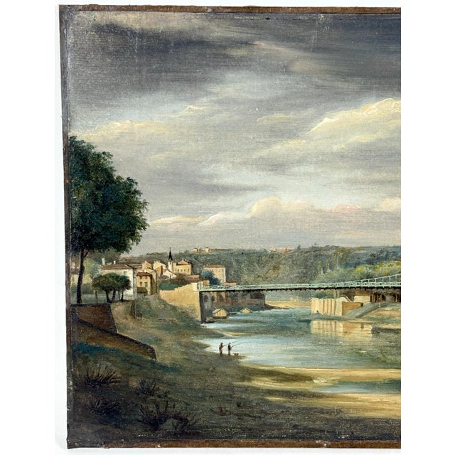 French Early 19th Century French Plein Air Oil on Paper View With Suspension Bridge For Sale - Image 3 of 5
