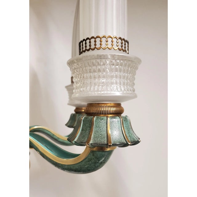 Mid 20th Century Frosted Glass and Bronze Six Arm Chandelier Attrib to Maison Baguès For Sale In New York - Image 6 of 12