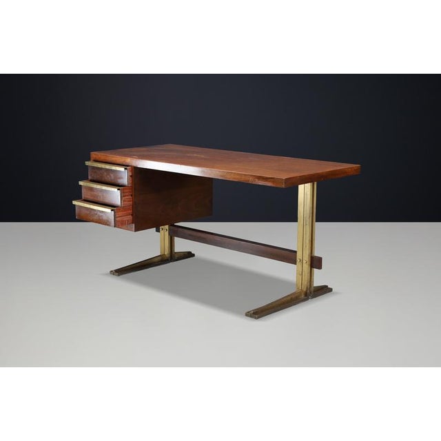 1950s Italian Walnut Desk with Brass Base, Italy, 1950s For Sale - Image 5 of 18
