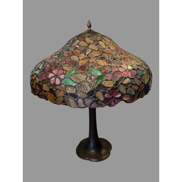 Handel Table Lamp Base with Vintage Floral Decorated Leaded Glass Shade In good original condition showing some typical...