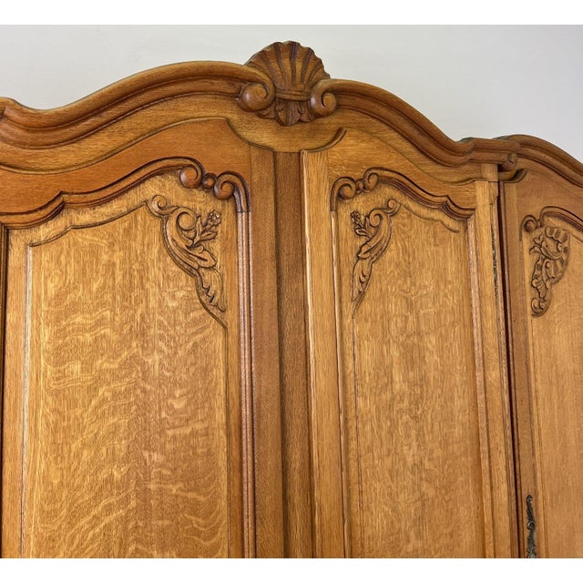 Vintage Louis XVI French Oak Four Door Carved Armoire For Sale - Image 4 of 11
