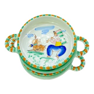 Vintage Italian Cava Dei Tirreni Pottery Bowls With Handles - a Pair For Sale