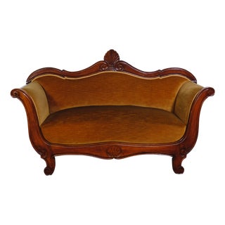 19th Century Louis Philippe Boat-Shaped Sofa in Walnut and Velvet For Sale