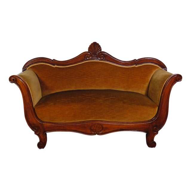 19th Century Louis Philippe Boat-Shaped Sofa in Walnut and Velvet For Sale