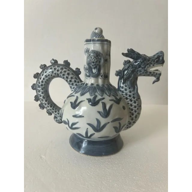 Vintage Chinese Blue & White Porcelain Dragon Tea Pot For Sale - Image 11 of 11