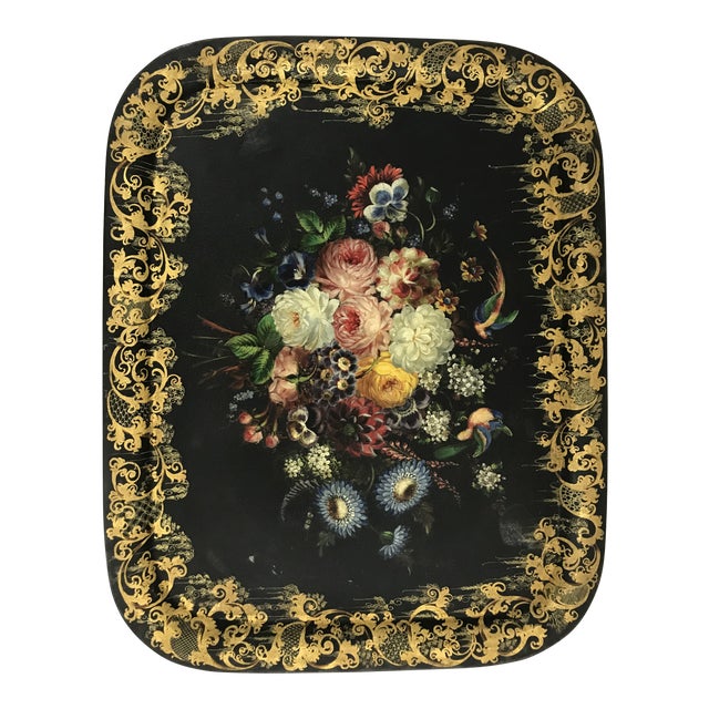 Napoleon III Painted Tray on Custom Art Deco Wrought Iron Stand For Sale