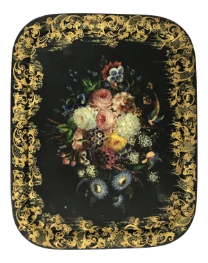 Napoleon III Painted Tray on Custom Art Deco Wrought Iron Stand