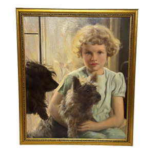 Mid Century Oil Portrait Mary With Cairn Terriers in the Manner of Sir Harrington Mann