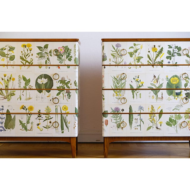A unique pair of swedish modern floral chests. a truly charming pair of swedish modern chests of drawers, beautifully...
