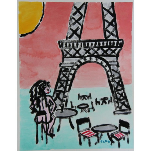 Fauvist impressionist nude a la Matisse, in a Paris cafe at the Eiffel Tower, in aqua, coral, pink and black. Coordinating...