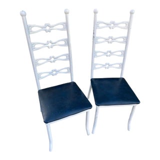 Pair of 1970s Italian Style White Metal Chairs With Navy Blue Leather Cushions For Sale