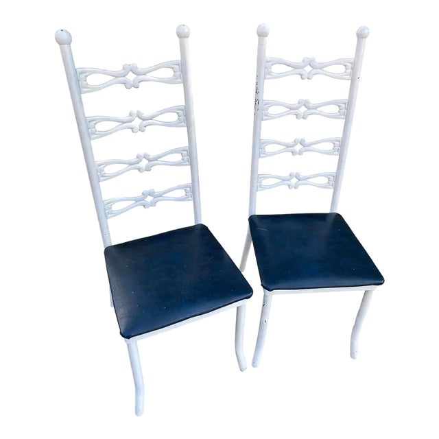 Pair of 1970s Italian Style White Metal Chairs With Navy Blue Leather Cushions For Sale