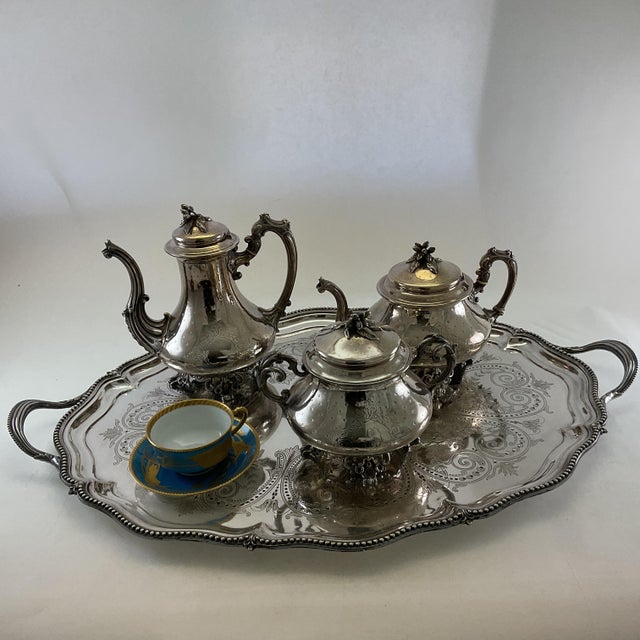 Late 19th Century Napoleon III Sterling 3 Pc Tea & Coffee Set w/ Tray For Sale - Image 9 of 18