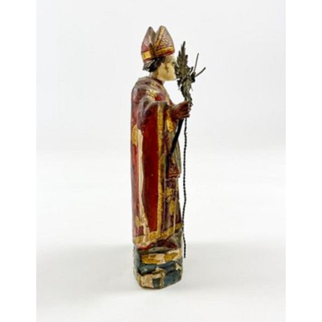 Antique Spanish Colonial Polychrome Carved Wood Bishop Saint Bulto With Glass Eyes, Circa 1800 For Sale - Image 4 of 10