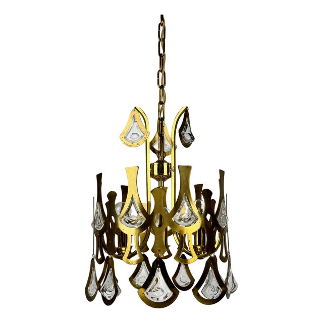 Crystal and Brass Chandelier by Sciolari, 1970s For Sale