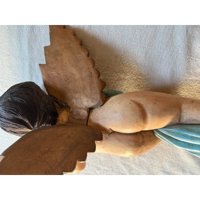 19th Century Large Polychrome Italian Wooden Carved Putto Angel For Sale - Image 4 of 14