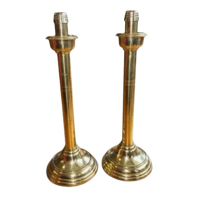 Vintage Tall Brass Column Candlesticks, Pair Adjustable For Sale