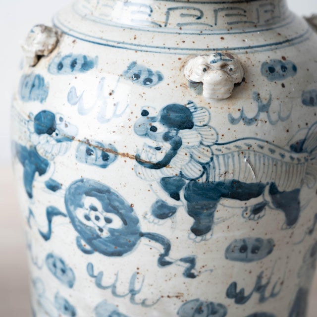Pair of Chinese Blue and White Glazed Jars With Foo Dog Lid Finials For Sale In Savannah - Image 6 of 14