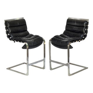 Pr. Of Vintage Rh Black Leather & Chrome Bar Stools For Sale