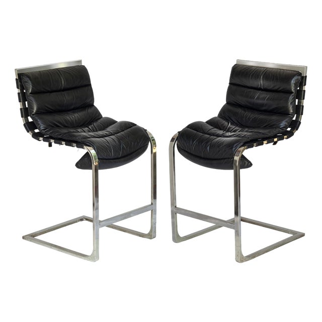 Pr. Of Vintage Rh Black Leather & Chrome Bar Stools For Sale