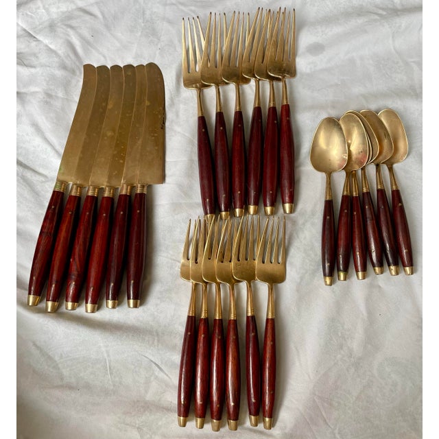 Mid 20th Century Brass & Rosewood Flatware Set for 6 Knives Forks Spoons 24 PCS Silverware For Sale - Image 12 of 12