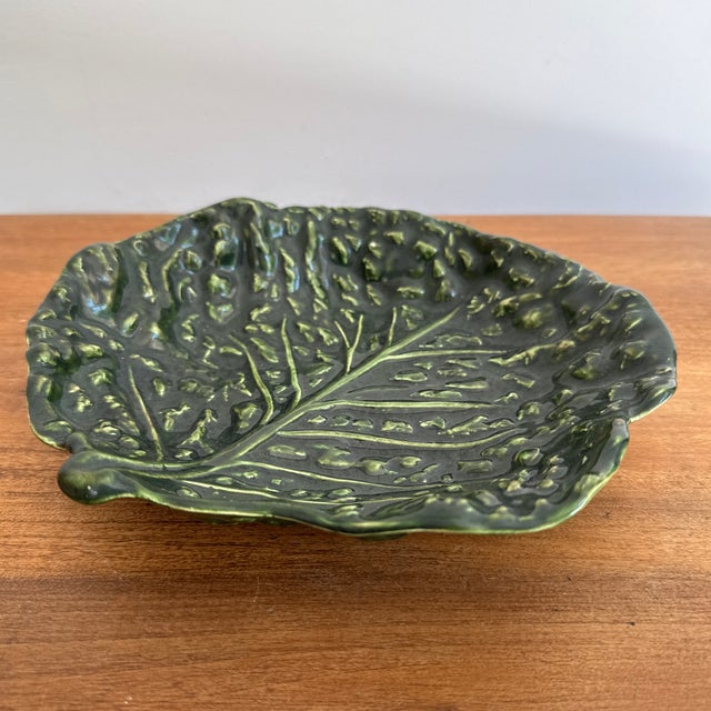 Pretty dark green cabbage leaf shallow ceramic bowl, styled after Bordallo Pinheiro. Please see condition details noted....