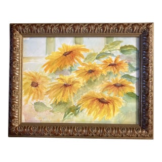 1980’s Original Abstract Impressionist Sunflower Watercolor Painting Ornate Frame For Sale