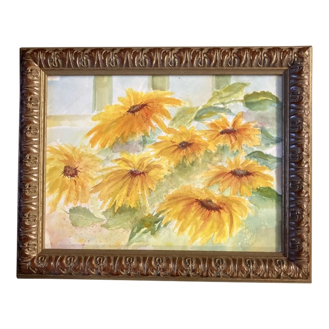 1980’s Original Abstract Impressionist Sunflower Watercolor Painting Ornate Frame For Sale