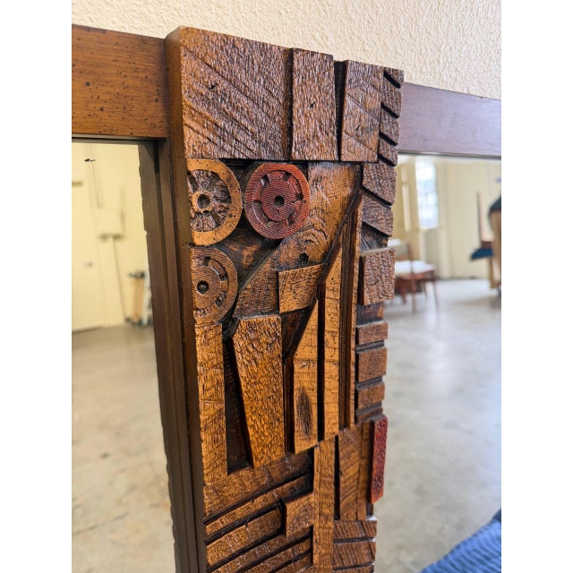 Wood Lane Pueblo Brutalist Oak Wall Mirror – Paul Evans Style Frame 1970s For Sale - Image 7 of 9